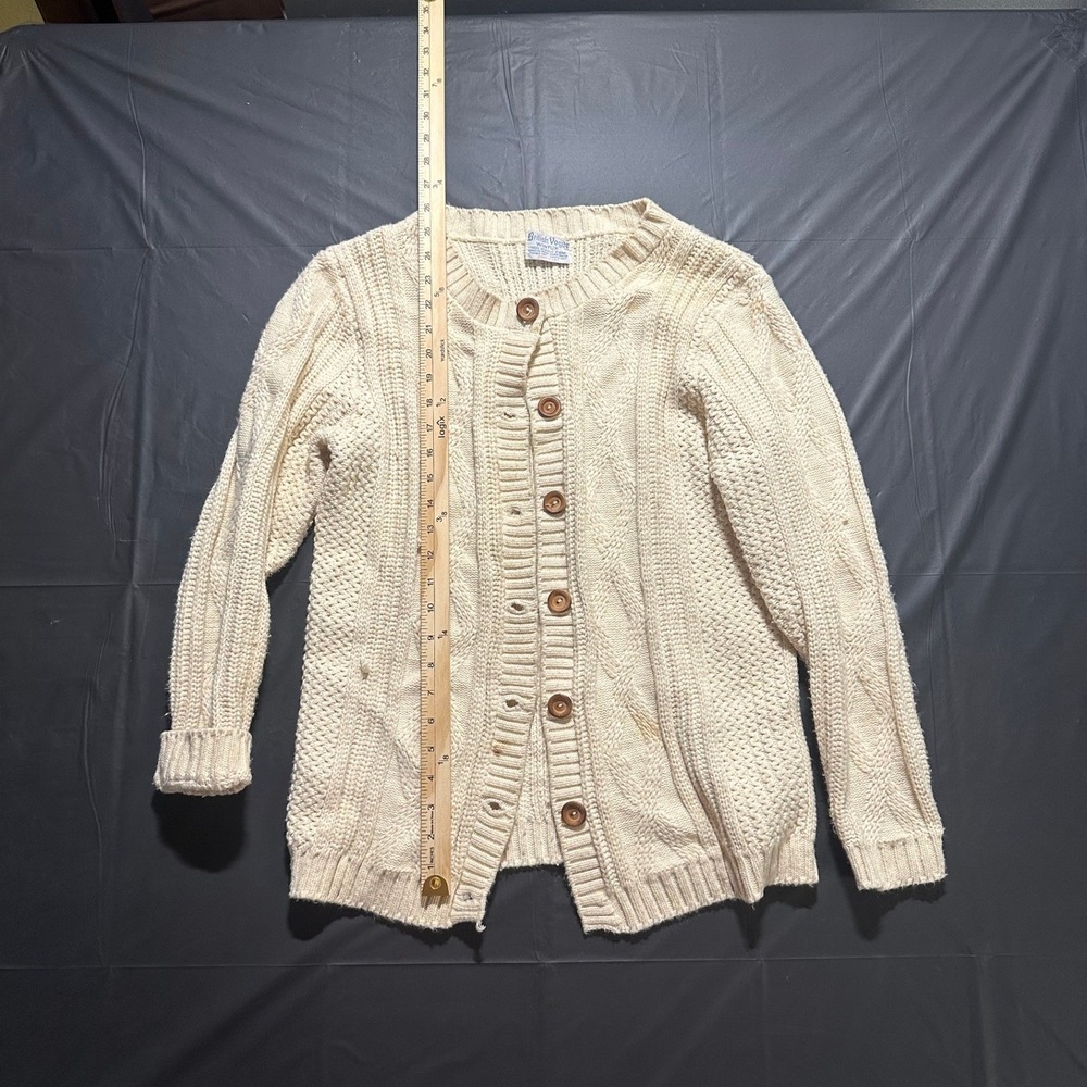 Vintage British Vogue Wintuk Cardigan Sweater Cream Cable Knit Button Up USA